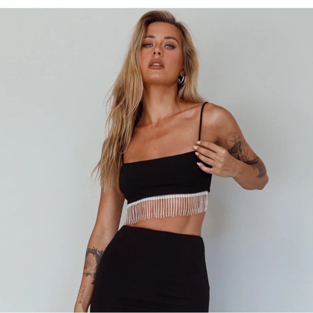 ZARA Black Strapless Top XS-S rhinestone fringe detail
